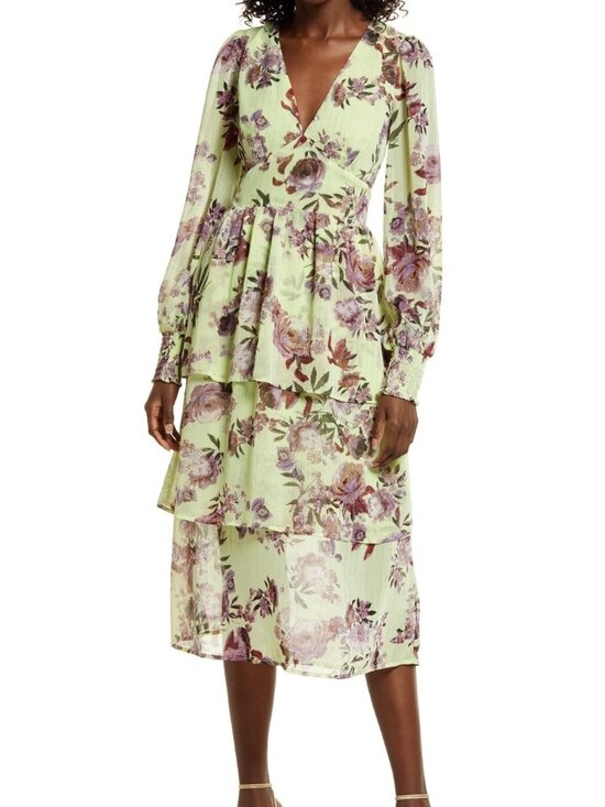 Fourteeth Place Dresses & Skirts - Fourteenth Place Ella Tiered Chiffon Green Floral Dress XS NWT Forest Fairy